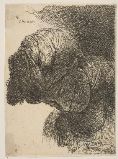 Ung man med sänkt huvud, klädd i turban, vänd åt vänster, från serien o..., ca. 1645-1650. av Giovanni Benedetto Castiglione