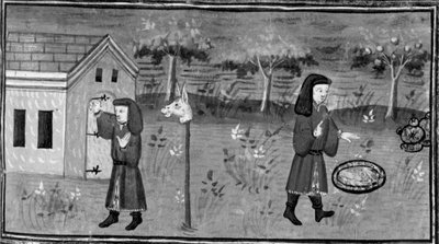 Decameron,Frédéric knackar på Madame Tessas dörr; mannen hittar mat och vin under ett persikoträd. Sjunde dagen, novell 1 av Giovanni Boccaccio
