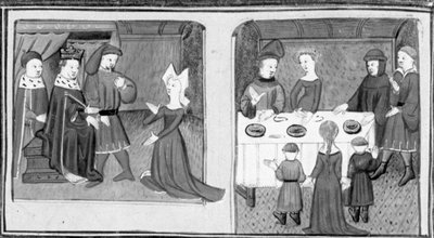 Decameron,Giletta ber kungen att låta henne gifta sig med Beltramo di Rossiglione; Giletta presenterar sina barn för Beltramo. Tredje dagen, novell 9 av Giovanni Boccaccio
