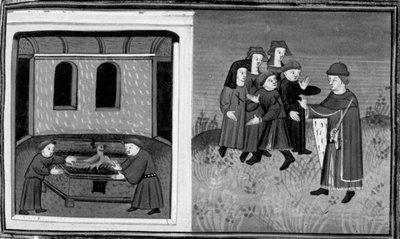 Decameron, Giovanni del Bragoniera och Biagio Pizzini stjäl reliken från broder Ciboule; munken märker bybornas kläder med kolen. Dag sex, nyhet 10 av Giovanni Boccaccio