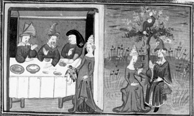 Decameron,Lidia dödar sin mans sparvhök; hustrun samtalar med sin man på ängen. Sjunde dagen, nyhet 9 av Giovanni Boccaccio