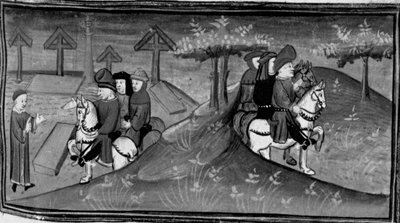 Decameron, Betto Brunelleschi och hans brigad möter Guido Cavalcanti; Betto förklarar Guidos ord för sina vänner. Dag sex, nyhet 9 av Giovanni Boccaccio