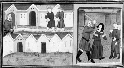 Decameron, Calandrino och hans vänner letar efter heli-tropen i Mugnon; Calandrino slår sin fru. Åttonde dagen, novell 1 av Giovanni Boccaccio