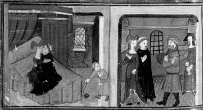 Decameron, Broder Rinaldo ligger med sin gudson; brodern belönas av barnets far . Sjunde dagen, novell 3 av Giovanni Boccaccio