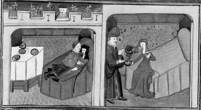 Decameron, Ghismonda sover med Guiscardo; Tancredi ger sin dotter hjärtat av den älskade. Fjärde dagen, novell 1 av Giovanni Boccaccio