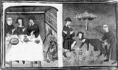 Decameron, Gianni di Barolo sitter till bords med Pietro da Tresanti och hans hustru; Gianni försöker knyta kvinnans svans. Dag nio, novell 10 av Giovanni Boccaccio