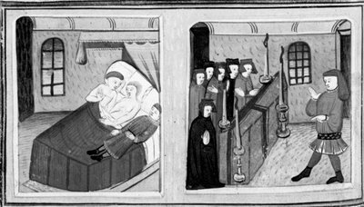 Decameron, Lorenzo dödas av Lisabettas bröder; Lisabetta gömmer sin älskades huvud i en vas. Fjärde dagen, novell 8 av Giovanni Boccaccio