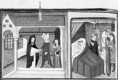 Decameron, Madame Piccarda besöker församlingsprästen i Fiesole; församlingsprästen överraskas av biskopen i säng med pigan. Dag åtta, novell 4 av Giovanni Boccaccio