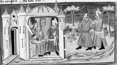 Decameron, Melchisedek berättar för Saladin liknelsen om de tre ringarna; de två männen blir vänner. Första dagen, novell 3. av Giovanni Boccaccio