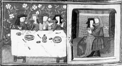 Decameron, Spinelloccio och Zeppa sitter till bords med sina fruar; Zeppa kysser Spinelloccios fru. Dag åtta, novell 8 av Giovanni Boccaccio