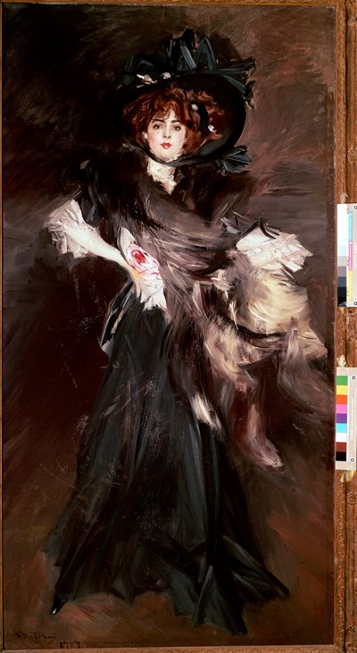 Porträtt av Mademoiselle Lantelme Ung kvinna klär sig i svart mode Belle Epoque. Målning av Giovanni Boldini (1842-1931) 1907 sön 227x118 cm Rom, National Gallery of Modern Art av Giovanni Boldini