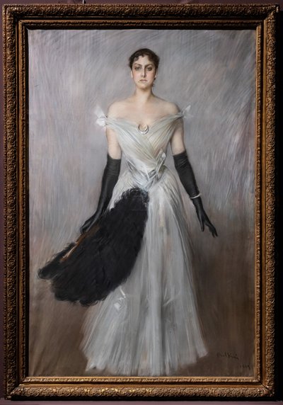 Porträtt av en dam i vitt med handskar och fläkt av Giovanni Boldini