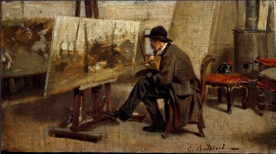 Målaren Giovanni Fattori i sin verkstad Målning tillskriven Giovanni Boldini (1842-1931) 1863-1869 Sön. 13x24 cm Milan privat samling av Giovanni Boldini