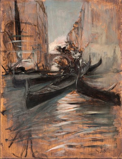 Vy över en kanal i Venedig med gondoler (Venetiansk kanal och gondoler) Målning av Giovanni Boldini (1842-1931) 1910-1914 Privatsamling av Giovanni Boldini