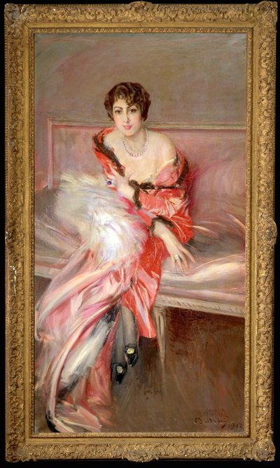 Yung kvinna i rosa i målarens ateljé ... (målning på duk) av Giovanni Boldini