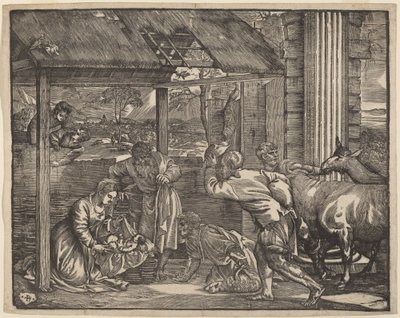 Tillbedjan av herdarna av Giovanni Britto after Titian