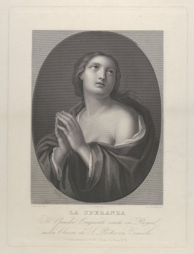 Kvinnlig personifiering av Hope tittar upp med händerna sammanhållna och vänster axel..., ca. 1835-81. av Giovanni Buonafede