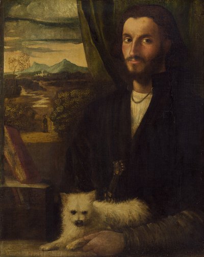 Porträtt av en man med en hund, ca. 1520. av Giovanni Cariani