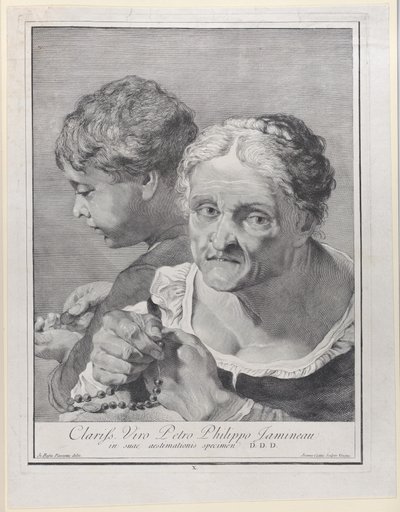 Gammal kvinna med ett radband och en pojke som räknar mynt, 1743. av Giovanni Cattini