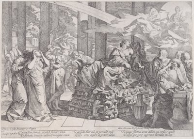 Didos självmord som vilar på ett bål i centrum, omgiven av många figurer, 1650-55. av Giovanni Cesare Testa