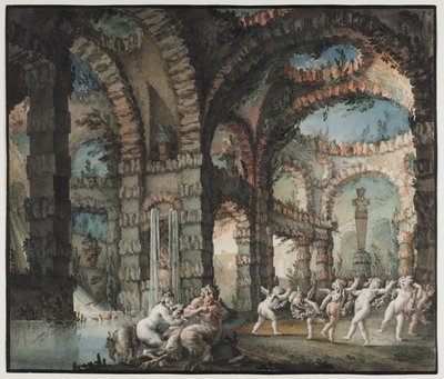 Satyrfamilj med dansande keruber, ca 1775-76 (akvarell och penselarbete med grafit och gouache) av Giovanni David