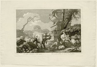 Herdefamilj med boskap vid antik grav av Giovanni David
