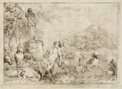 Landskap med en Satyrfamilj och klassisk skulptur av Giovanni David after Giovanni Benedetto Castiglione