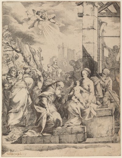 Tillbedjan av Magi av Giovanni David after Scarsellino