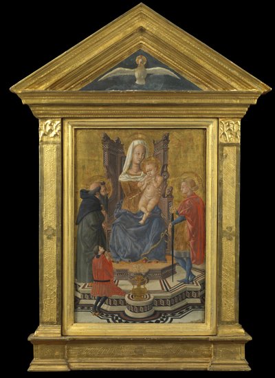 Virgin and Child Enthroned, with Saints Anthony Abbot and Julian and a Donor (pediment ovan - Holy Spirit), ca 1430 (tempera på panel) av Giovanni Di Ser Giovanni Lo Sheggia (attr. to) Guidi