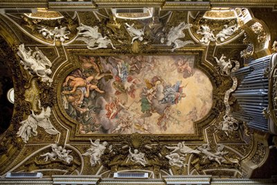 Valv av kyrkan Santa Maria della Vittoria i Rom, fresk som skildrar Jungfru Marias seger över kätteri, de rebelliska änglarnas fall, utfört 1675 av Giovanni Domenico Cerrini (1609-1681), Konstruktion av 1600-talet, italienska re av Giovanni Domenico Cerrini