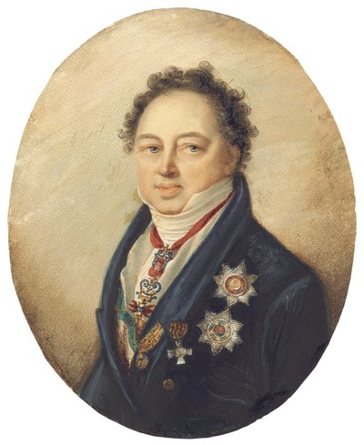 Greve Dmitry Pavlovich Tatishchev, vänd åt vänster i blå rock, vit väst och stock av Giovanni Domenico Bossi