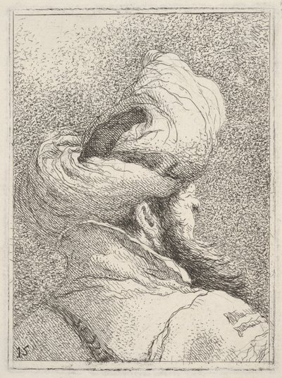 Skäggig man med turban, avbildad som bröstbild bakifrån i trekvartsprofil, ur "Samling av huvuden" (Raccolta di teste) av Giovanni Domenico Tiepolo