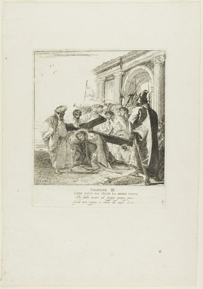 Kristus faller under korset för första gången, plansch tre från Korsvägsstationen av Giovanni Domenico Tiepolo