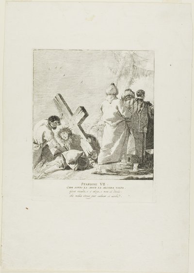 Kristus faller under korset för andra gången, plansch sju från Korsvägsstationen av Giovanni Domenico Tiepolo