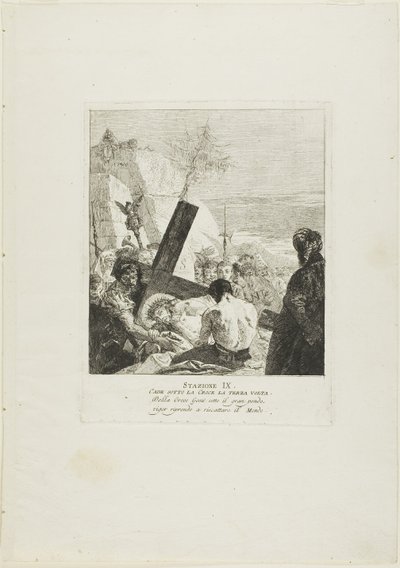 Kristus faller under korset för tredje gången, plansch nio från Korsvägsstationen av Giovanni Domenico Tiepolo