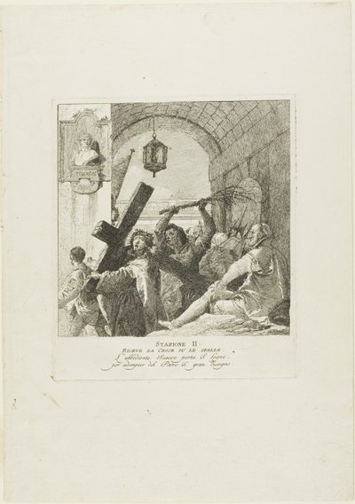 Kristus tar emot korset, plansch två från Korsvägsstationen av Giovanni Domenico Tiepolo