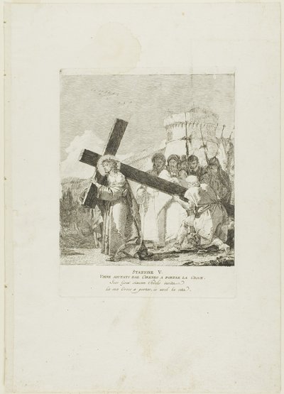 Kristus får hjälp av Simon av Kyrene, plansch fem från Korsvägsstationen av Giovanni Domenico Tiepolo