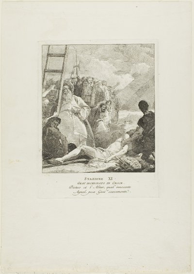 Kristus är fastspikad på korset, plansch elva från Korsvägsstationen av Giovanni Domenico Tiepolo