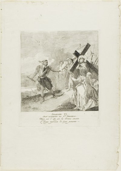 Kristi ansikte torkas av S:ta Veronica, plansch sex från Korsvägsstationen av Giovanni Domenico Tiepolo