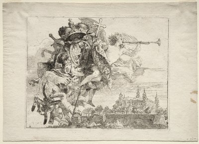 Flyg till Egypten: Dedikation med bevingad berömmelsesfigur som bär prinsbiskopen av Wurzburgs vapen av Giovanni Domenico Tiepolo