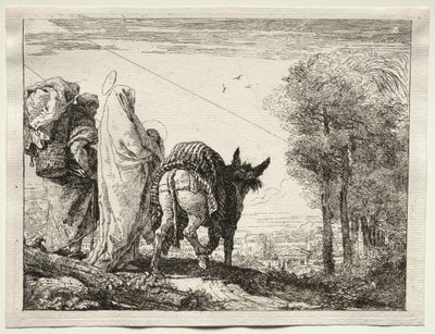 Flyg till Egypten: Den heliga familjen närmar sig en by av Giovanni Domenico Tiepolo