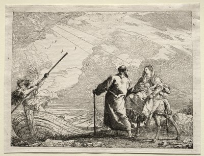 Flyg till Egypten: Den heliga familjen anländer till flodens strand av Giovanni Domenico Tiepolo