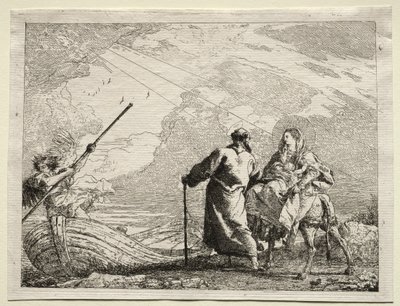 Flyg till Egypten: Den heliga familjen anländer till flodens strand. av Giovanni Domenico Tiepolo