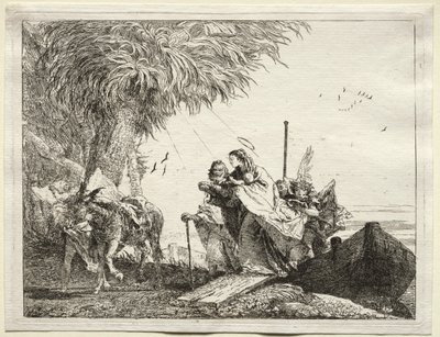 Flyg till Egypten: Den heliga familjen i landstigning av Giovanni Domenico Tiepolo