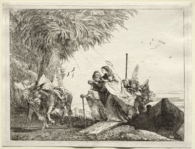 Flyg till Egypten: Den heliga familjen i landstigning. av Giovanni Domenico Tiepolo