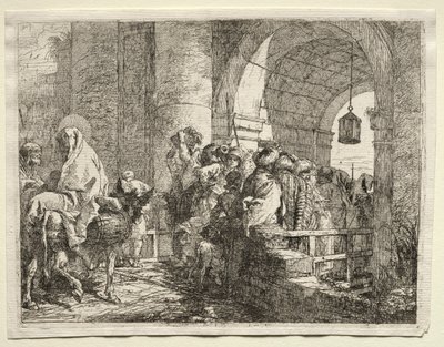 Flyg till Egypten: Den heliga familjen passerar under en båge. av Giovanni Domenico Tiepolo