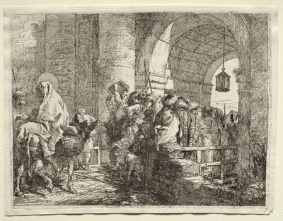 Flyg till Egypten: Den heliga familjen passerar under en båge av Giovanni Domenico Tiepolo