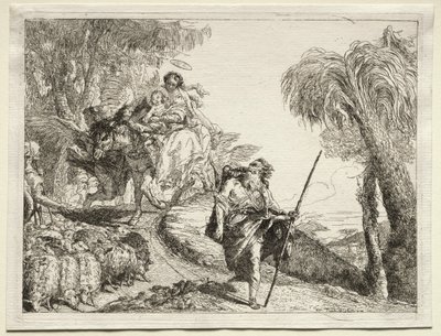 Flyg till Egypten: Den heliga familjen och fårhjorden. av Giovanni Domenico Tiepolo