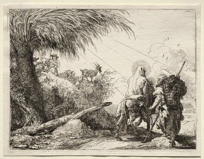 Flyg till Egypten: Den heliga familjen och palmträdet av Giovanni Domenico Tiepolo