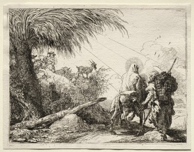 Flyg till Egypten: Den heliga familjen och palmträdet. av Giovanni Domenico Tiepolo